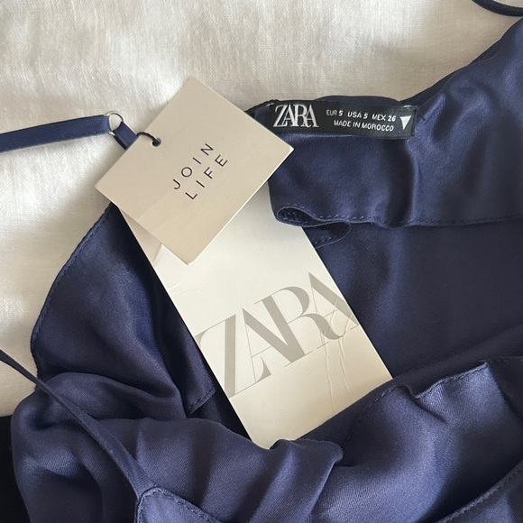 Zara Deep Blue/Navy Satin Midi Dress Sz S - Picture 2 of 8